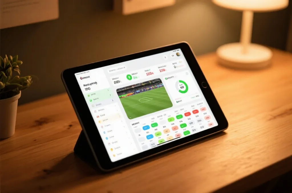 A tablet displaying live sports statistics and match schedules on a wooden desk, soft warm lighting, modern interface